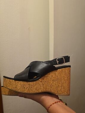 No Boundaries Black Faux Leather Cork Platform Wedge Sandals